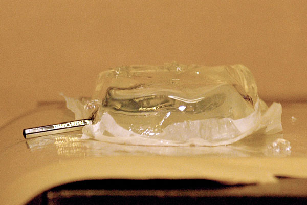 Picture just as the pencil fired from the Super Maul hits the gel, causing a large distortion.